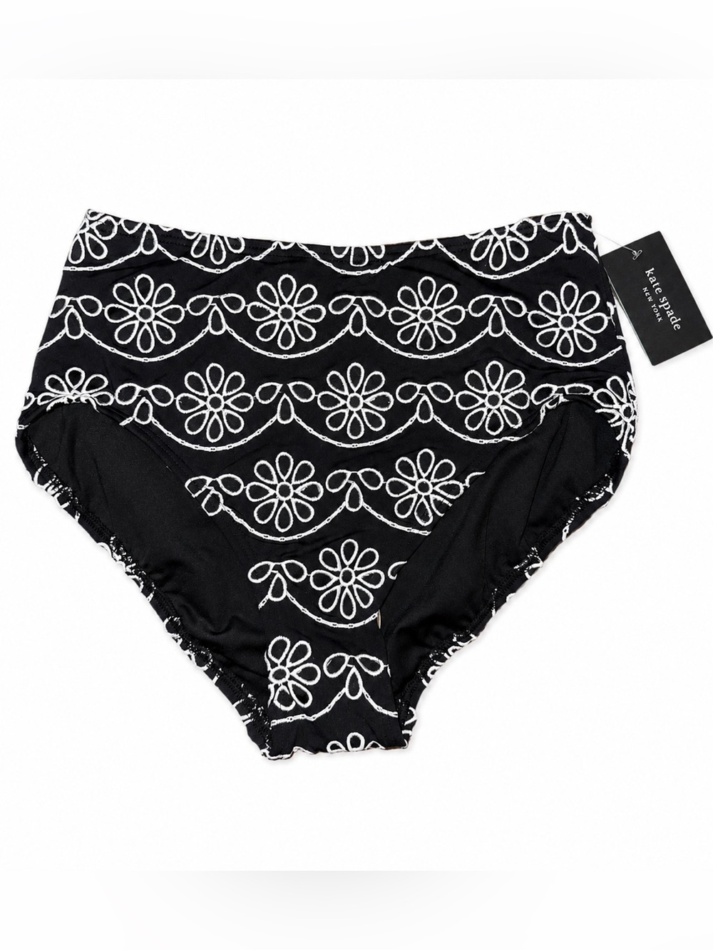 🆕 Kate Spade High Waist Embroidered Bikini Bottom XS Black White Swim